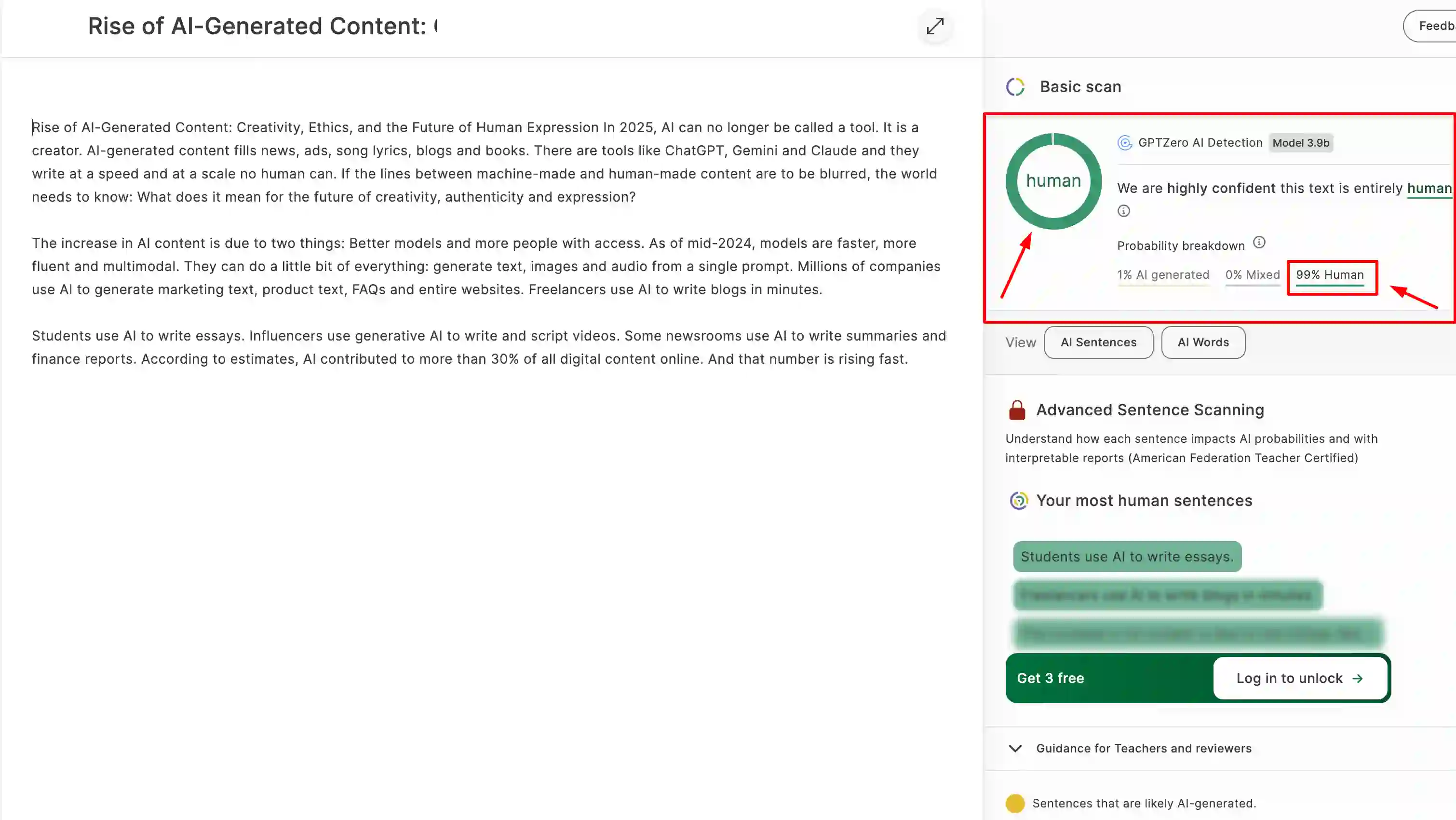 HumanizerPro humanize AI text result on GPTZero showing 99% Human